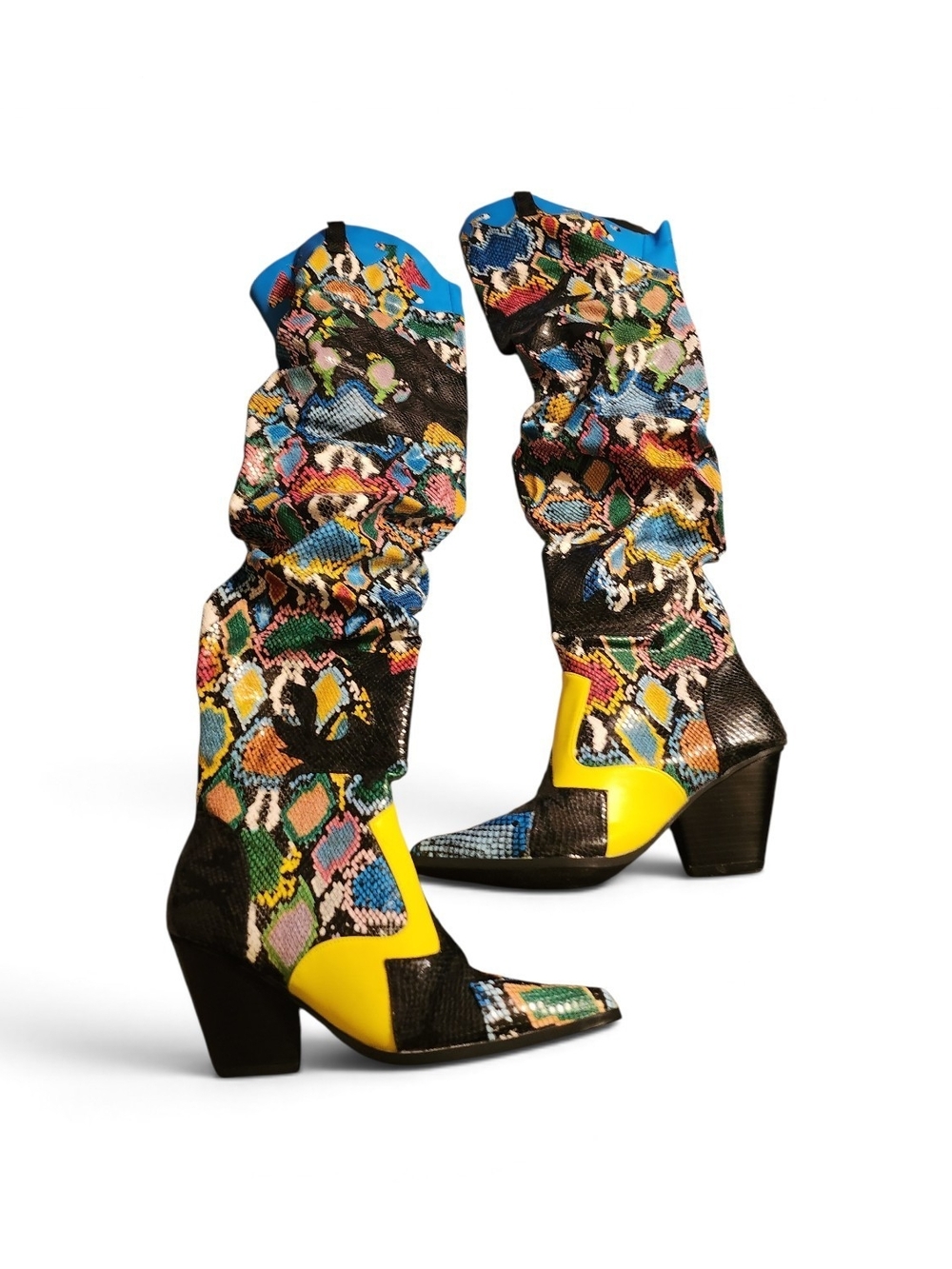 Cape Robbin Multicolor Snakeskin-Print Mid-Calf Heeled Boots with Yellow Accents